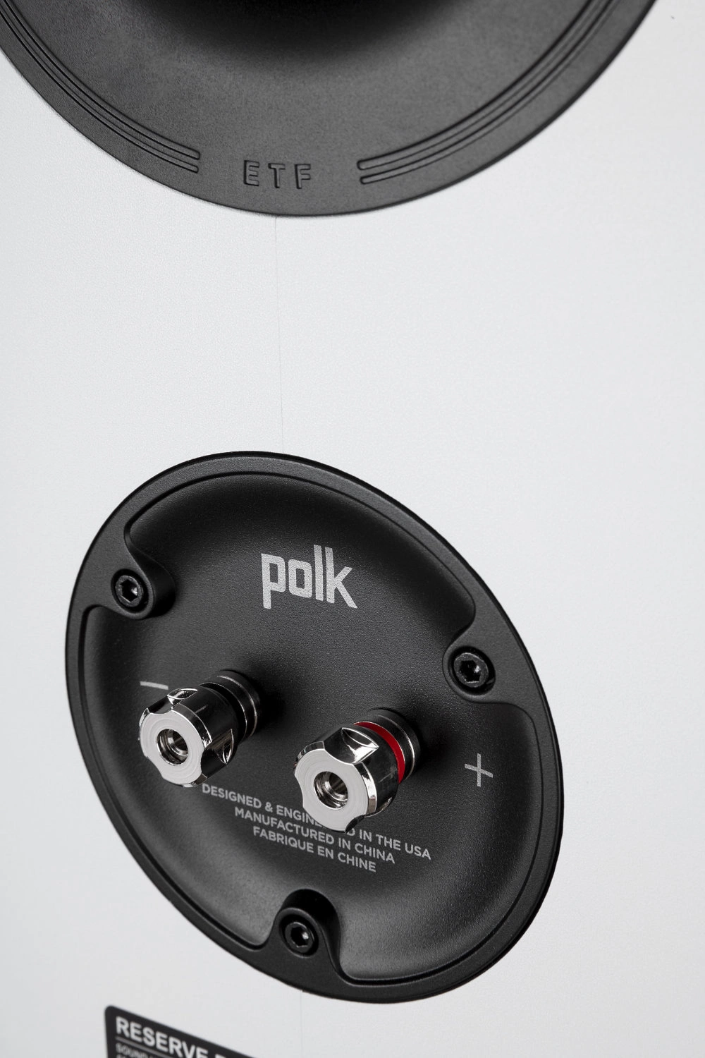 Polk Audio R200 jalustakaiutin, valkoinen liitinpaneeli