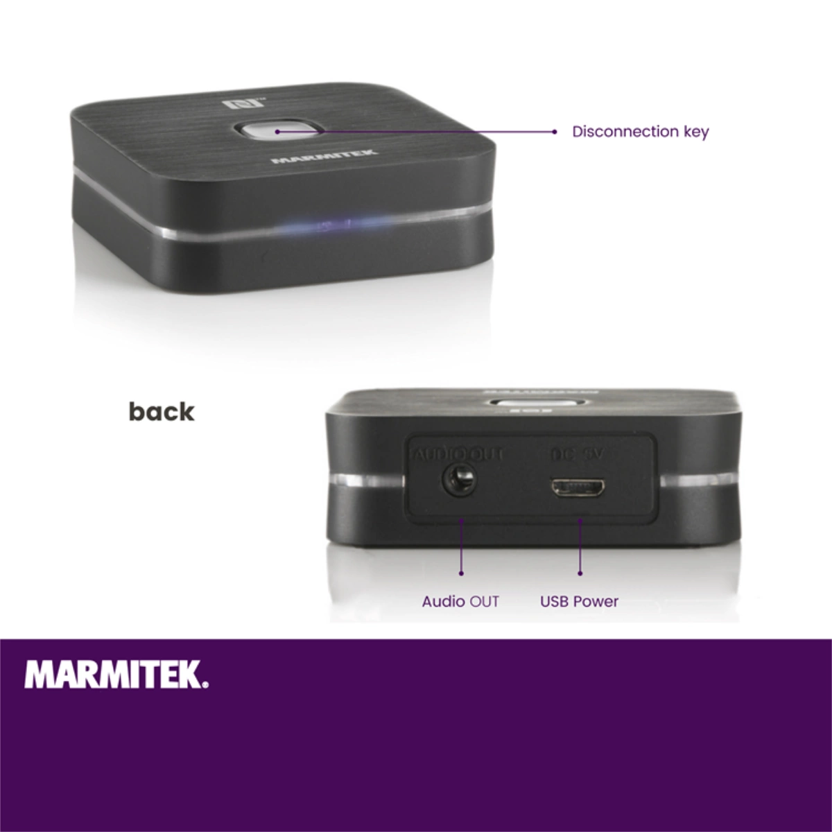 Marmitek BoomBoom 80 Bluetooth-vastaanotin takapaneeli liitännät