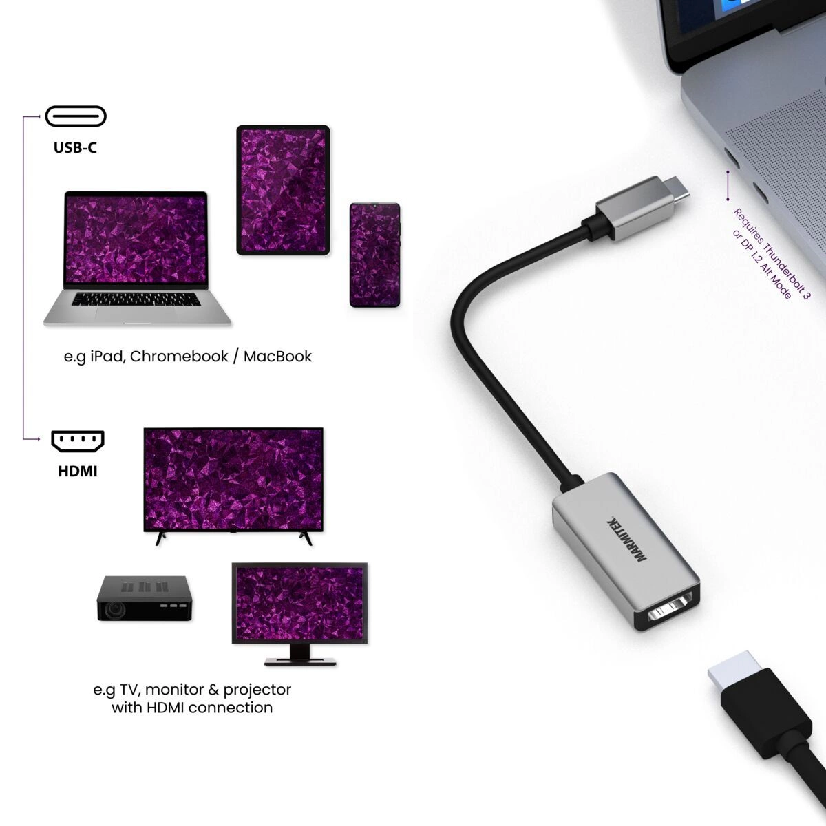 Marmitek Connect USB-C > HDMI adapteri kytkentä