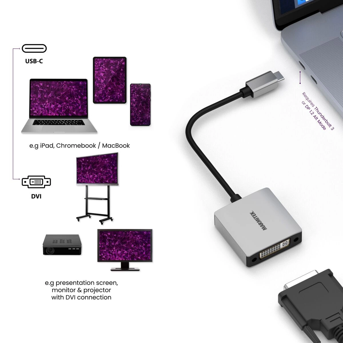 Marmitek Connect USB-C > DVI -adapteri kytkentä