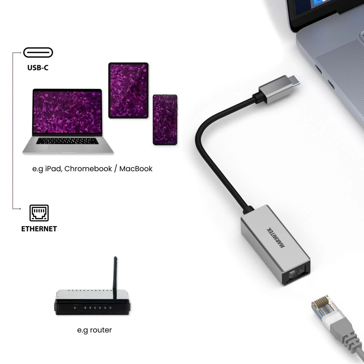 Marmitek Connect USB-C > Ethernet -adapteri kytkentä
