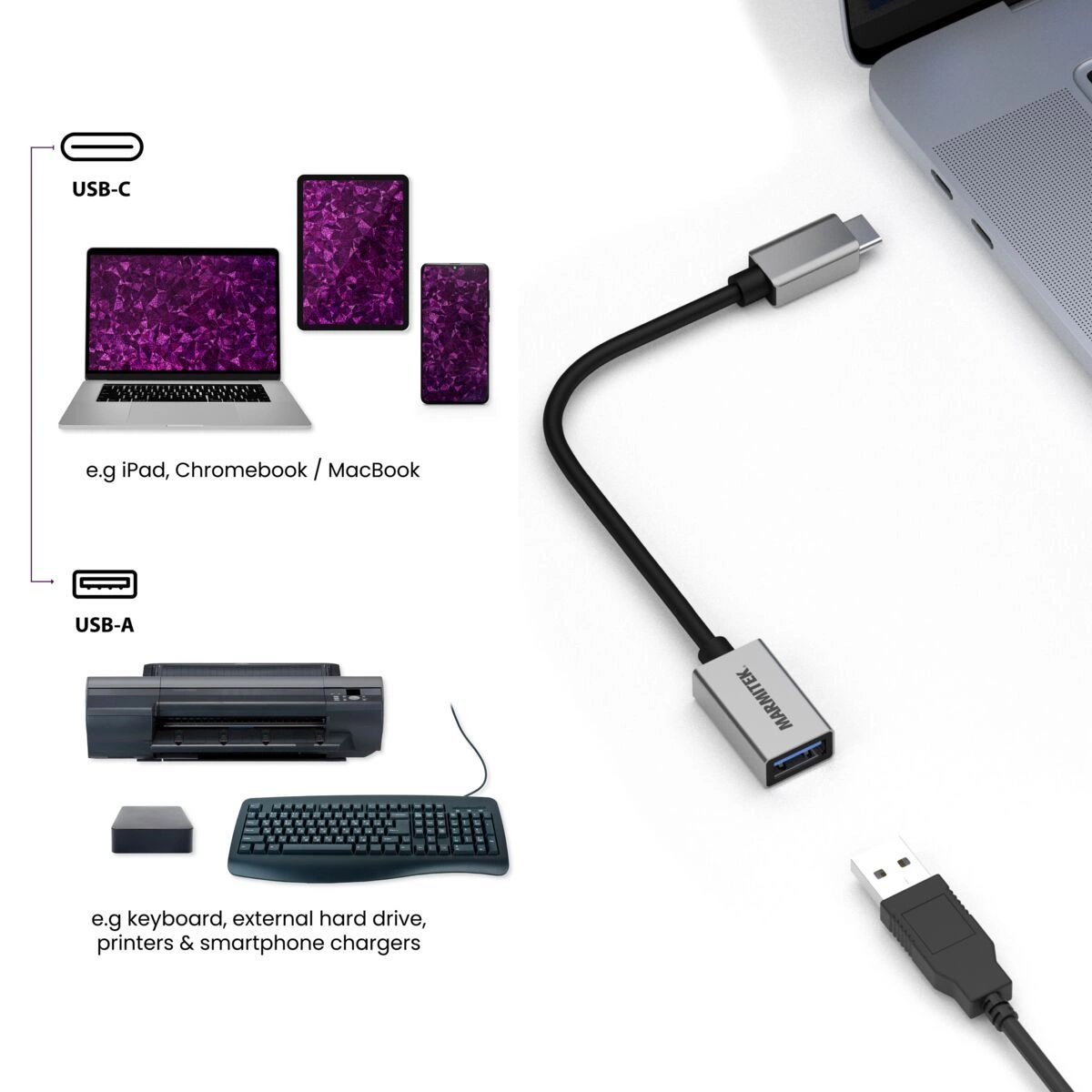 Marmitek Connect USB-C > USB-A -adapteri kytkentä