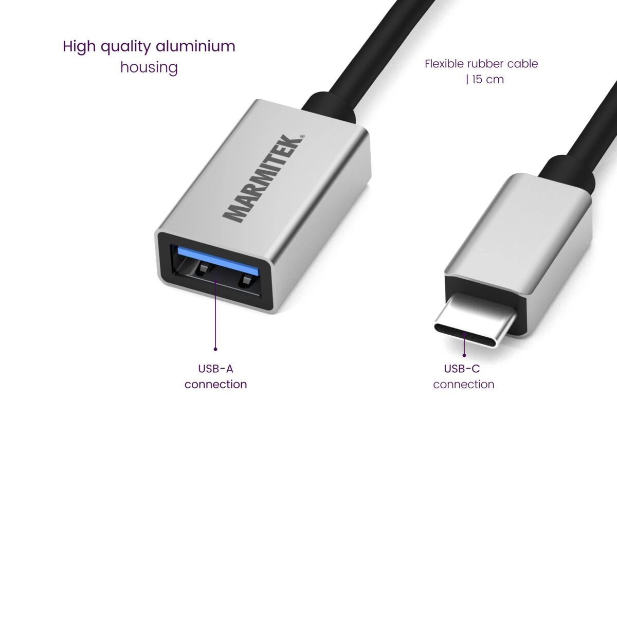 Marmitek Connect USB-C > USB-A -adapteri ominaisuudet