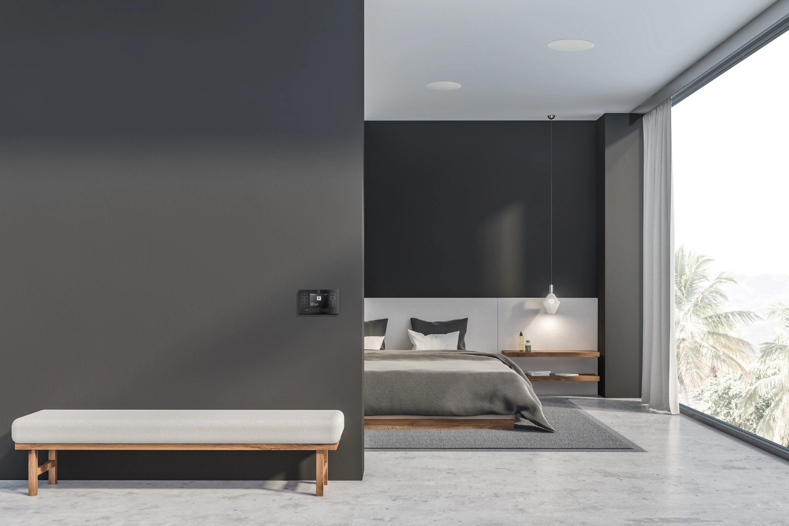 Q Acoustics E120 upotettava vahvistin, valkoinen makuuhuoneessa