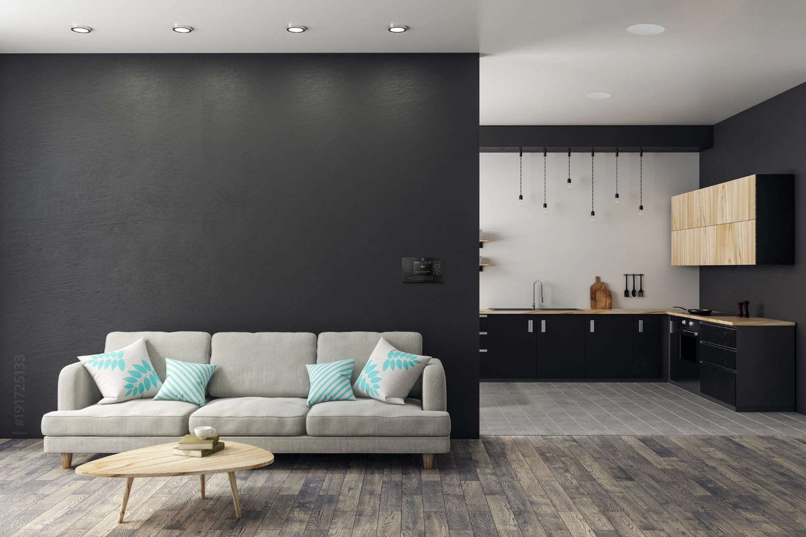 Q Acoustics E120 upotettava vahvistin, valkoinen olohuoneessa