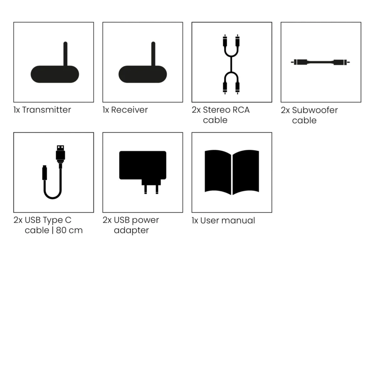 Marmitek Subwoofer Anywhere 640 langaton lähetin ja vastaanotin mukana tulevat tarvikkeet