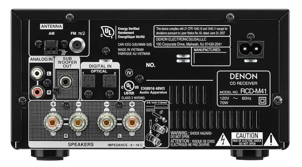 Denon RCD-M41 + Wilson EL-4 stereosarja, musta/valkoinen, vahvistin takaa