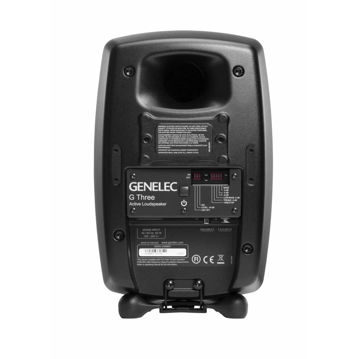 Genelec G Three musta takapaneli ja liittimet